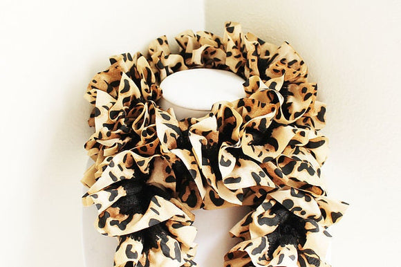 Black and Tan Animal Print Knit Ruffle Scarf, Handmade Scarf, Winter Scarf, Long Scarf