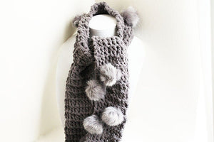 Grey Plush Pom Pom Scarf, Handmade Scarf, Winter Scarf, Long Scarf