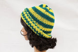 Yellow and Teal Knit Beanie Hat, Handmade Hat, Stretch Beanie, Hand Knit Hat