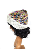 Multicolor and White Knit Beanie Hat, Handmade Stretch Beanie, Cozy Hand Knit Hat, Winter Fashion