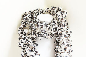 White with Black Animal Print Ruffle Scarf, Handmade Scarf, Winter Scarf, Long Scarf