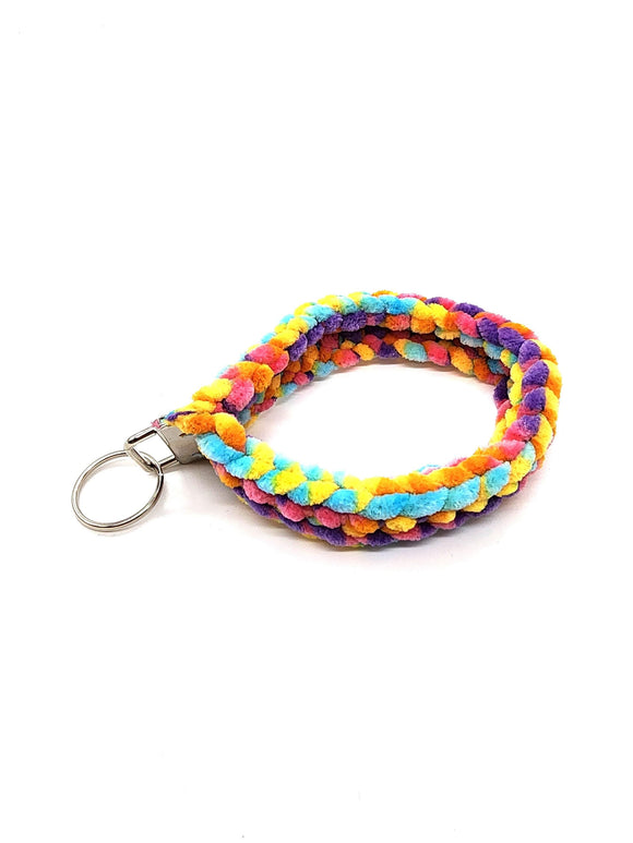 Rainbow Plush Key Fob Wristlet, Crochet Keychain, Acrylic Yarn Bracelet