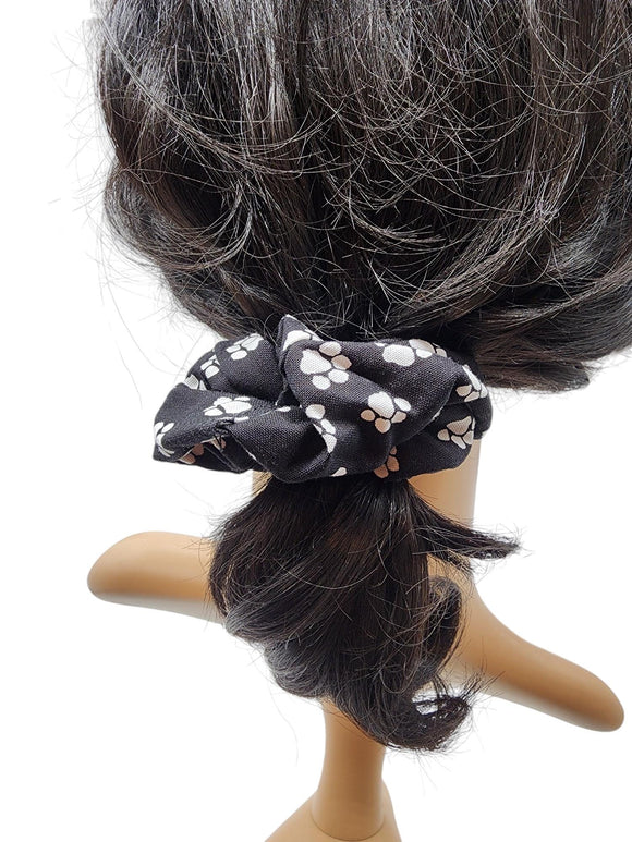 Black Paw Print Hair Scrunchie, Elastic Cotton Fabric Hair Tie