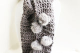 Grey Plush Pom Pom Scarf, Handmade Scarf, Winter Scarf, Long Scarf