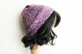 Purple and White Knit Beanie Hat, Handmade Hat, Stretch Beanie, Hand Knit Hat