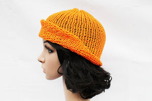 Orange Knit Beanie Hat, Handmade Hat, Stretch Beanie, Hand Knit Hat