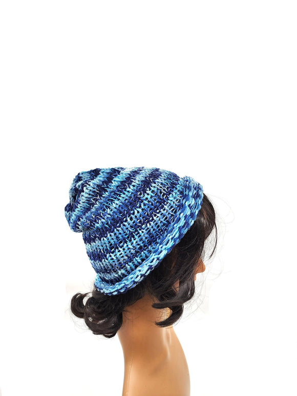 Blue Sparkle Shades Beanie Adult Hat, Hand Knit Winter Cap