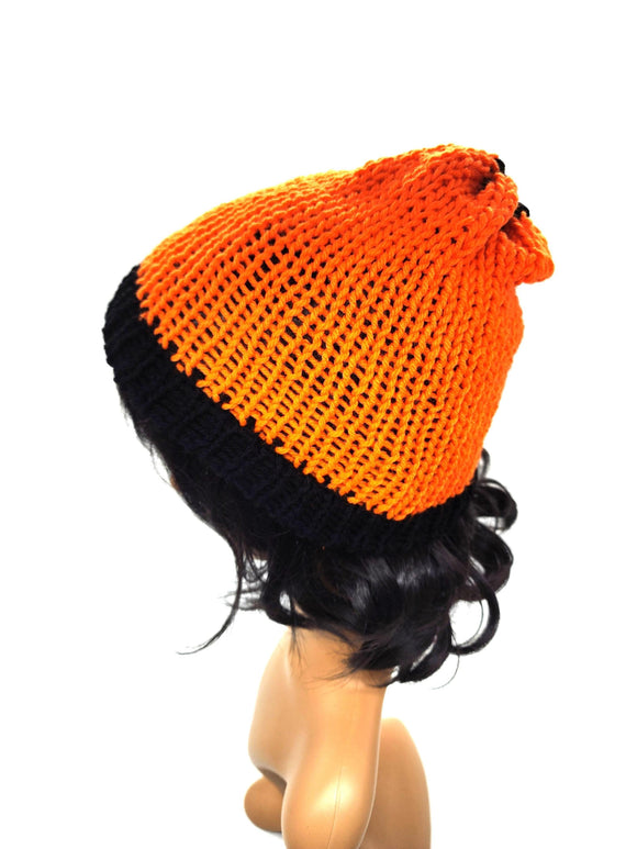 Orange and Black Knit Beanie Hat, Handmade Stretch Beanie, Cozy Hand Knit Hat, Winter Fashion