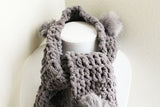 Grey Plush Pom Pom Scarf, Handmade Scarf, Winter Scarf, Long Scarf