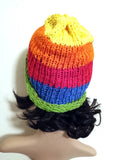 Rainbow Knit Beanie Hat, Handmade & Hand Knit Colorful Winter Hat