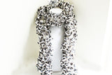 White with Black Animal Print Ruffle Scarf, Handmade Scarf, Winter Scarf, Long Scarf