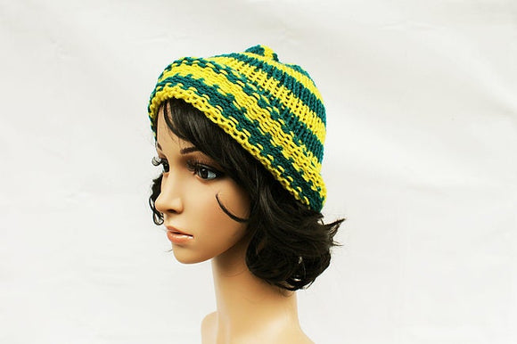 Yellow and Teal Knit Beanie Hat, Handmade Hat, Stretch Beanie, Hand Knit Hat