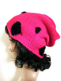 Handmade Pink and Black Knit Beanie Slouch Hat, Stylish Stretchy Hand Knit Hat