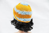 Gold Blue Fur Knit Beanie Hat, Handmade Hat, Stretch Beanie, Hand Knit Hat