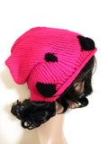 Handmade Pink and Black Knit Beanie Slouch Hat, Stylish Stretchy Hand Knit Hat