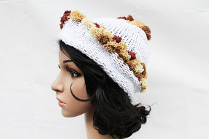 Handmade White Brown Pom Pom Knit Beanie Hat, Stretchy Hand Knit Winter Hat