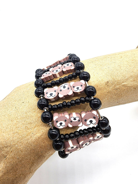 Teddy Bear Bracelet, Cuff Bracelet, Polymer Clay Beads