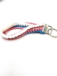 Transgender Pride Key Fob Wristlet, Crochet Keychain, Acrylic Yarn Bracelet