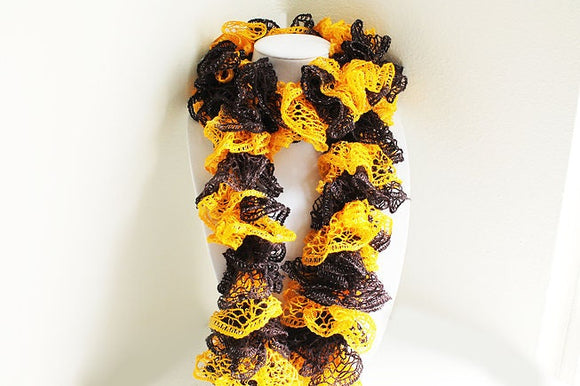 Dark Brown and Gold Ruffle Scarf, Handmade Scarf, Winter Scarf, Long Scarf