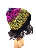 Multicolor and Black Knit Beanie Hat, Handmade Stretch Beanie, Cozy Hand Knit Hat, Winter Fashion