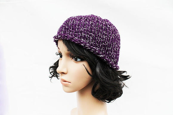 Purple and White Knit Beanie Hat, Handmade Hat, Stretch Beanie, Hand Knit Hat