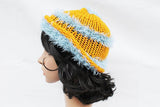 Gold Blue Fur Knit Beanie Hat, Handmade Hat, Stretch Beanie, Hand Knit Hat