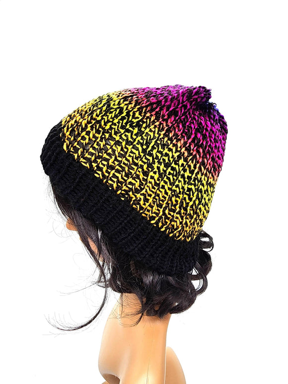 Multicolor and Black Knit Beanie Hat, Handmade Stretch Beanie, Cozy Hand Knit Hat, Winter Fashion