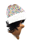 Multicolor and White Knit Beanie Hat, Handmade Stretch Beanie, Cozy Hand Knit Hat, Winter Fashion