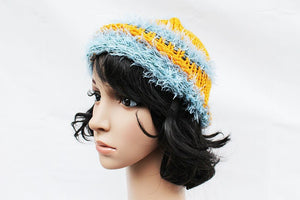 Gold Blue Fur Knit Beanie Hat, Handmade Hat, Stretch Beanie, Hand Knit Hat