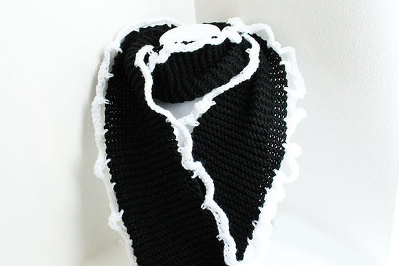 Black Scarf White Trim, Handmade Scarf, Winter Scarf, Long Scarf