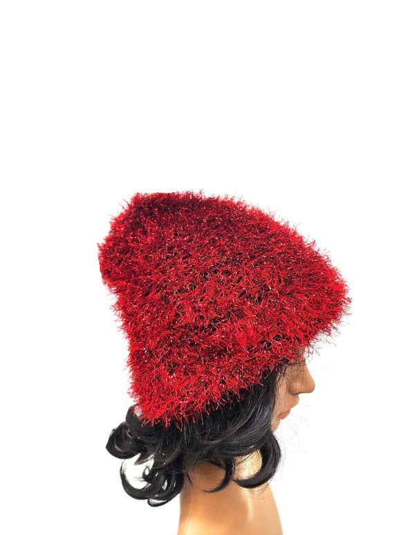 Red Fur Beanie Winter Hat, Hand Knit Hat