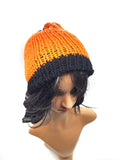 Orange and Black Knit Beanie Hat, Handmade Stretch Beanie, Cozy Hand Knit Hat, Winter Fashion