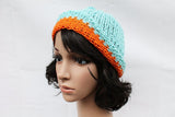 Orange and Turquoise Knit Beanie Hat, Handmade Hat, Stretch Beanie, Hand Knit Hat