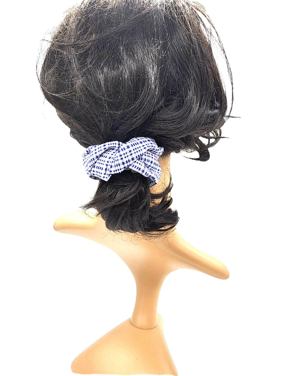 Blue Plaid Hair Scrunchie, Elastic Cotton Fabric Hair Tie