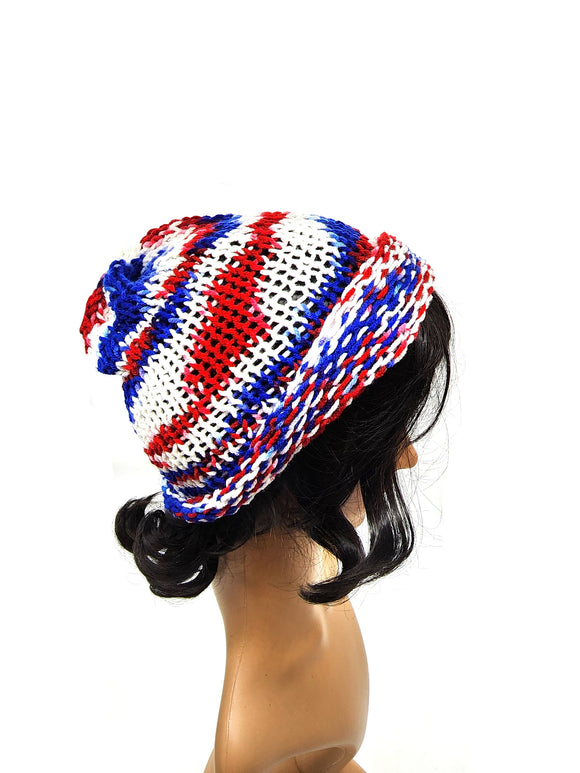 Red White Blue Beanie Hat, Hand Knit Winter Cap