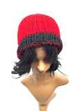 Red and Black Knit Beanie Hat, Handmade Stretch Beanie, Cozy Hand Knit Hat, Winter Fashion