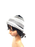 Black White Grey Beanie Winter Hat, Hand Knit Hat