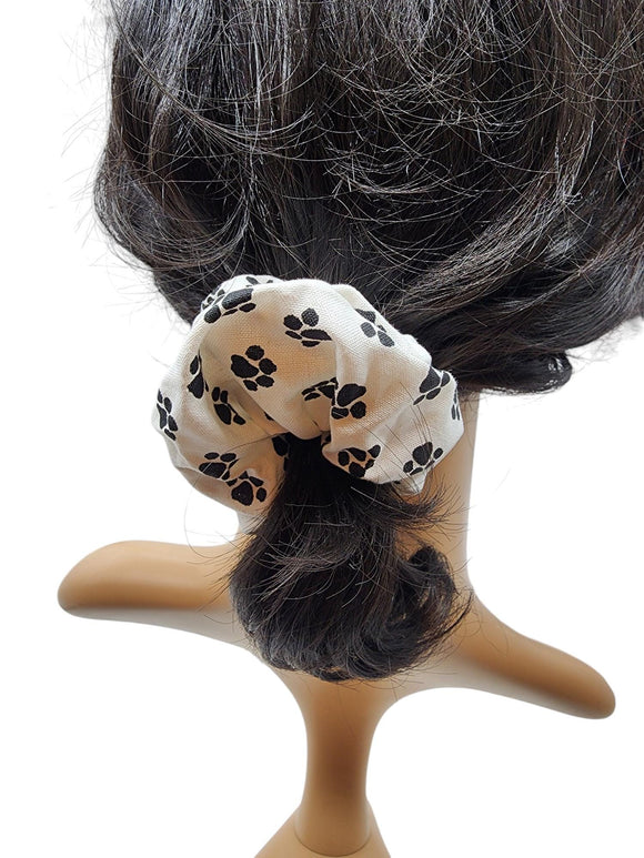 White Paw Print Hair Scrunchie, Elastic Cotton Fabric Hair Tie