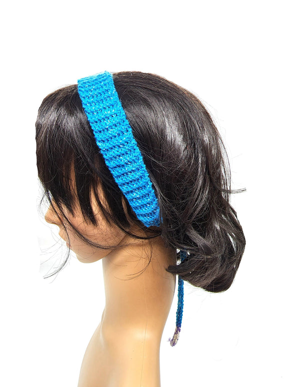 Blue and White Tie Headband, Handmade Hair Accessories, Hand Knit