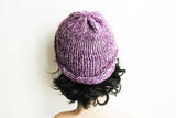 Purple and White Knit Beanie Hat, Handmade Hat, Stretch Beanie, Hand Knit Hat