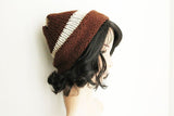 Brown and White Knit Beanie Hat, Handmade Hat, Stretch Beanie, Hand Knit Hat