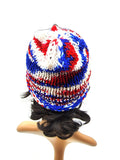 Red White Blue Beanie Hat, Hand Knit Winter Cap