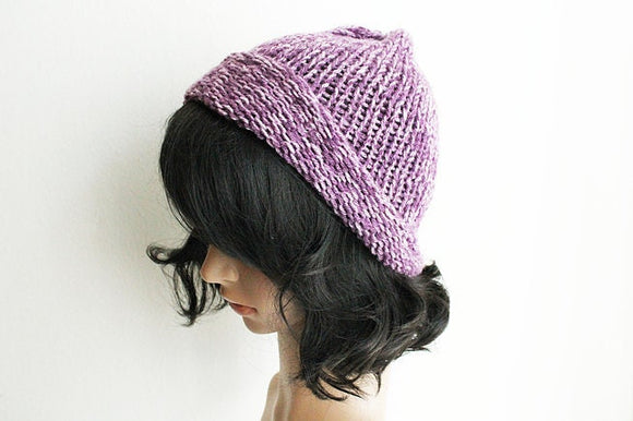 Purple and White Knit Beanie Hat, Handmade Hat, Stretch Beanie, Hand Knit Hat