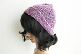 Purple and White Knit Beanie Hat, Handmade Hat, Stretch Beanie, Hand Knit Hat