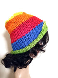 Rainbow Knit Beanie Hat, Handmade & Hand Knit Colorful Winter Hat