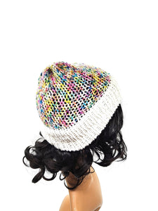 Multicolor and White Knit Beanie Hat, Handmade Stretch Beanie, Cozy Hand Knit Hat, Winter Fashion