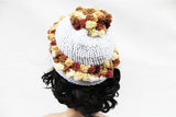 Handmade White Brown Pom Pom Knit Beanie Hat, Stretchy Hand Knit Winter Hat