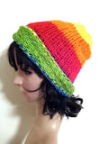 Rainbow Knit Beanie Hat, Handmade & Hand Knit Colorful Winter Hat