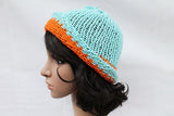 Orange and Turquoise Knit Beanie Hat, Handmade Hat, Stretch Beanie, Hand Knit Hat