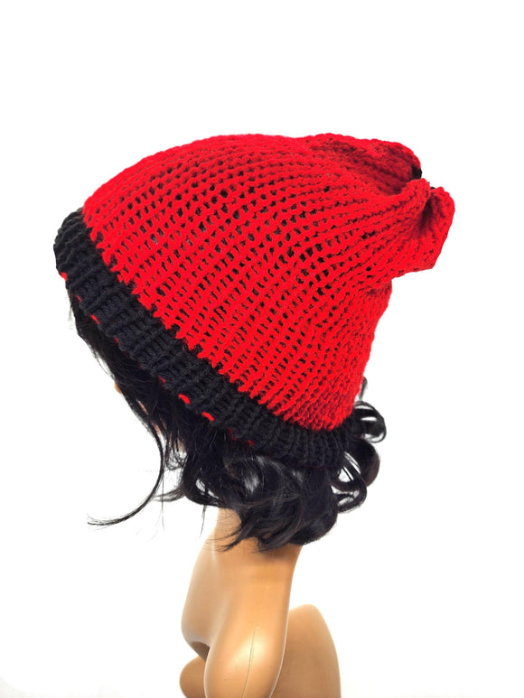 Red and Black Knit Beanie Hat, Handmade Stretch Beanie, Cozy Hand Knit Hat, Winter Fashion